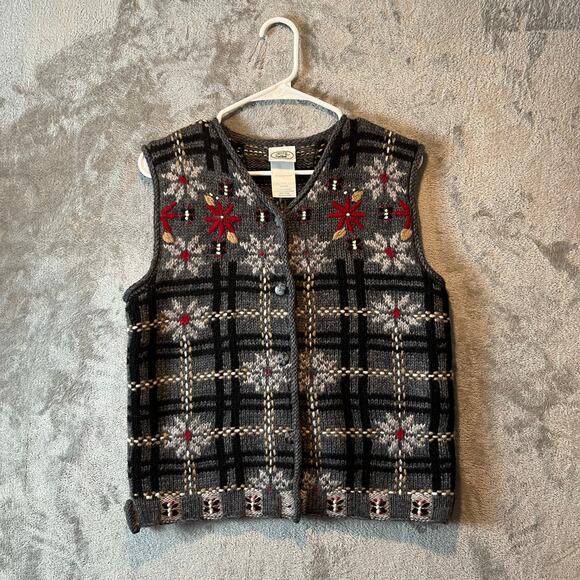 Vintage Holiday Wool Sweater Vest Red Snowflake Plaid Knit Retro Christmas MD - Picture 1 of 5
